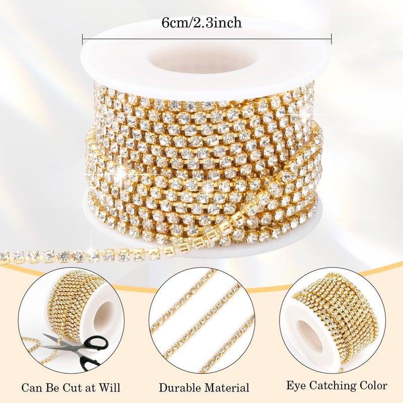 Liwidon Rhinestone Trim, 10 Yards White Gold Bling Diamond Rhinestone Strips 3mm Glitter Crystal Rhinestone Close Chain Ribbon Tape for Sewing DIY Crafting Jewelry - Image 3